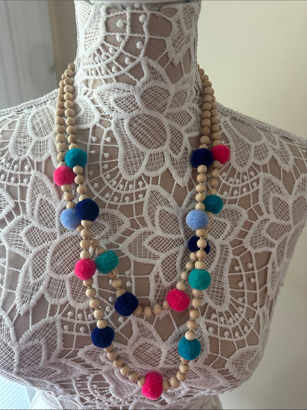 NWT J. Crew Multicolor Pom Pom & Wood Bead Layered Necklace